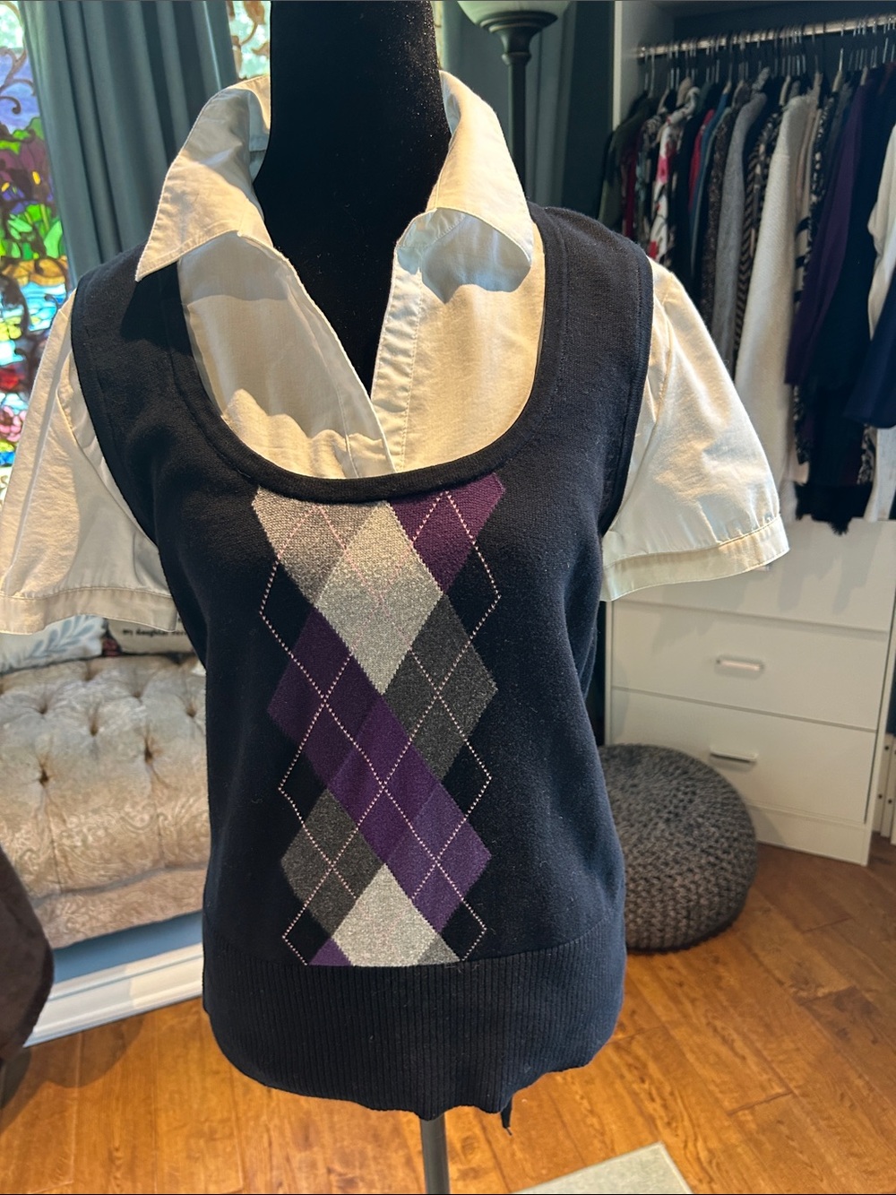 Apt. 9 Navy Argyle V-Neck Sweater Vest with Purple and Gray Diamonds